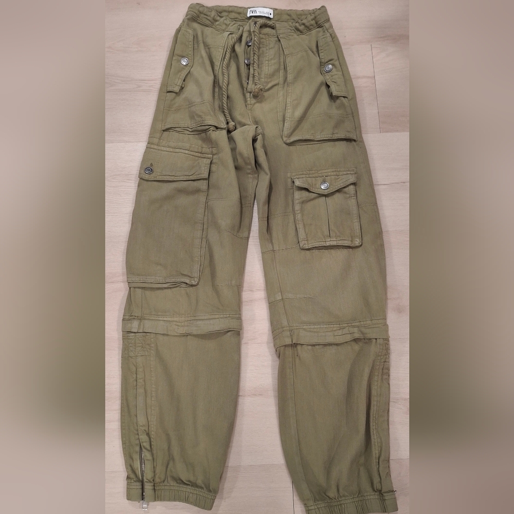 Zara Olive Cargo Pants with Drawstring Waist